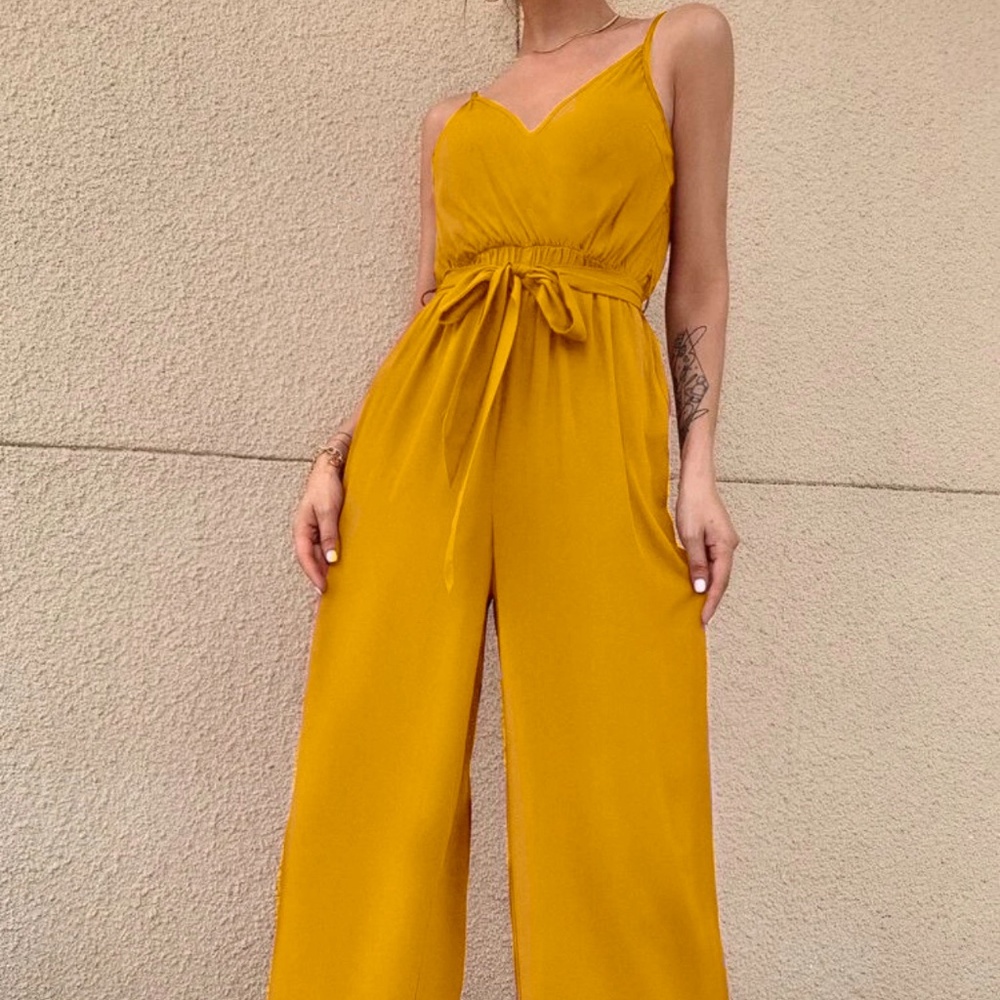 VICI (Sage) - Thin Strap Belted Jumpsuit